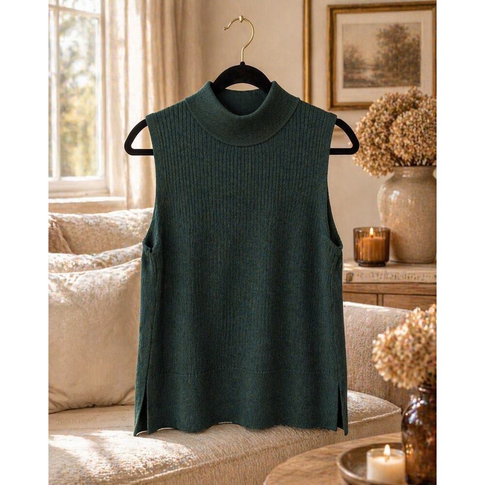 H by Halston Merino Wool Sleeveless Sweater Vest Green Extended Armholes NWT